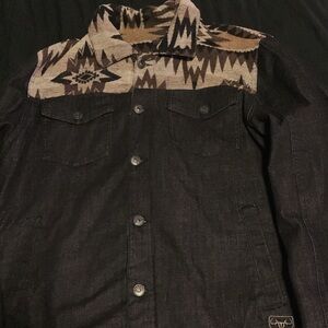 Men’s Western Black Denim Jacket with Aztec Pattern